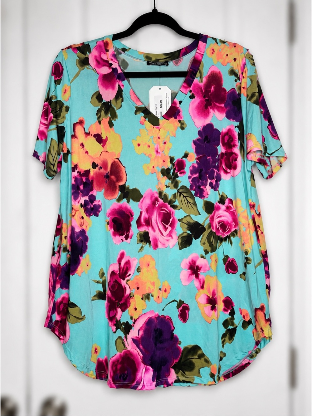 HEIMISH USA Turquoise Floral V-Neck Short Sleeve Top Plus Size